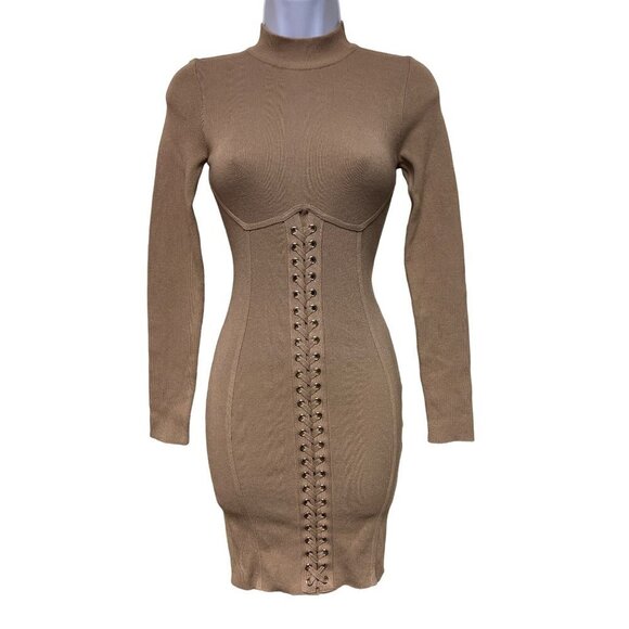 HERA Collection Tan Knit Lace Front Sweater Dress Long Sleeve Body Con Small - Picture 1 of 8